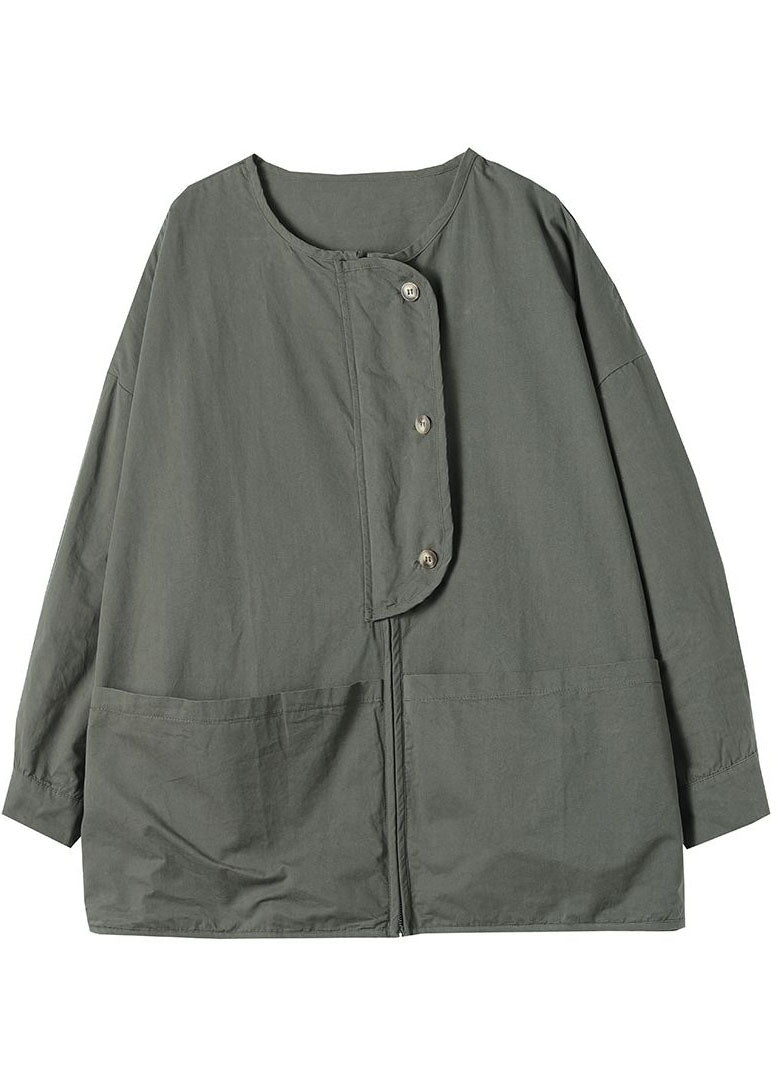 Army Green Zip Up Pockets Cotton Coat Spring
