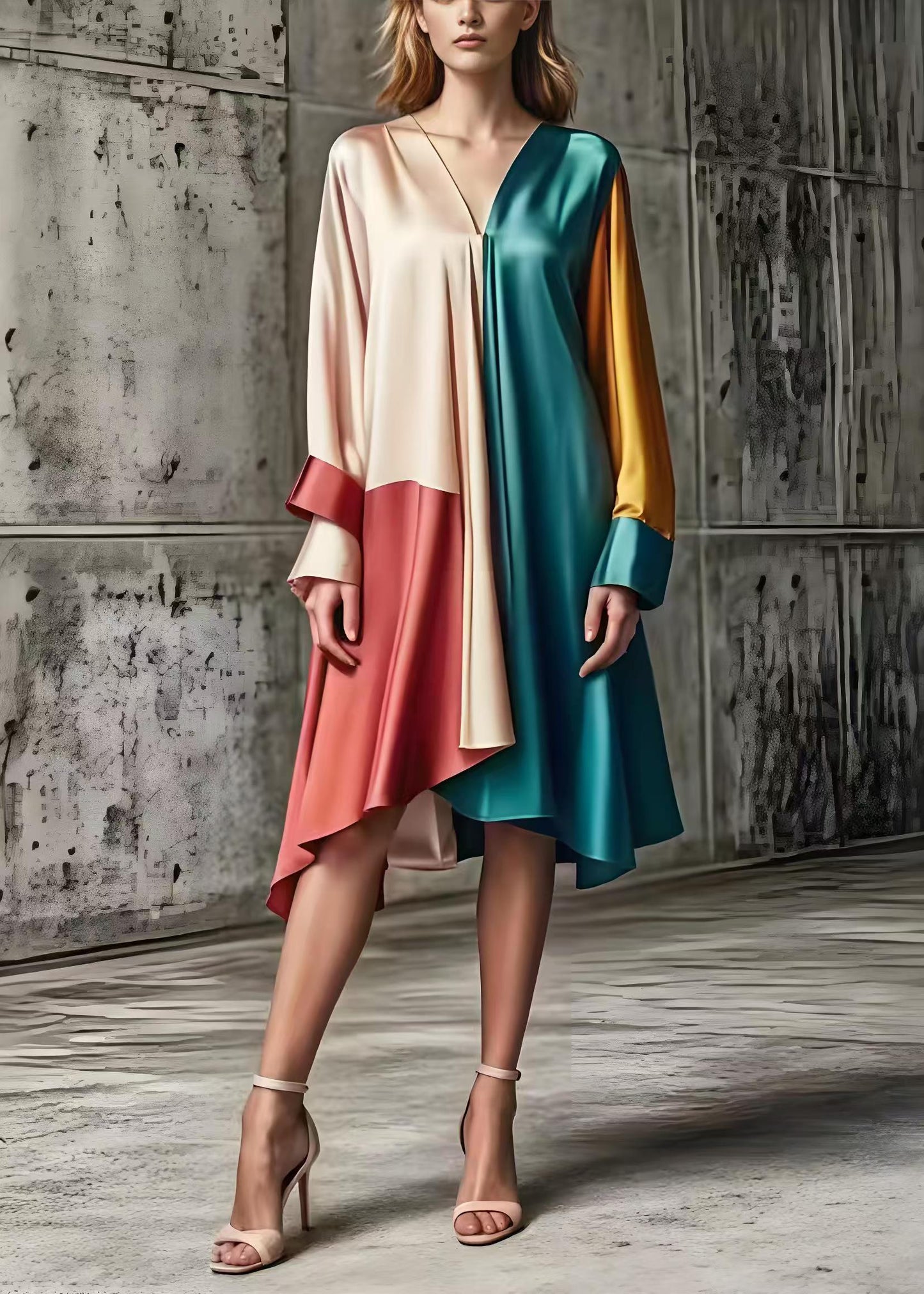 Asymmetrical Patchwork Silk Day Dress Spring