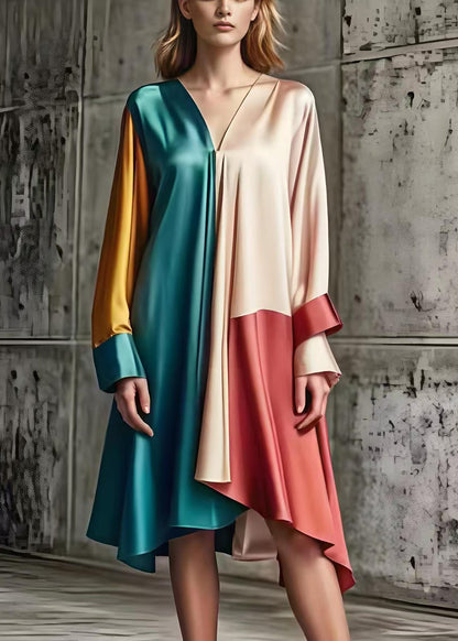Asymmetrical Patchwork Silk Day Dress Spring