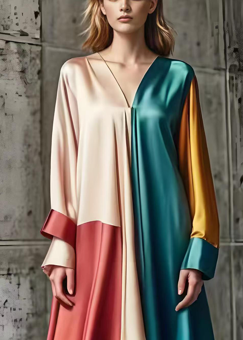 Asymmetrical Patchwork Silk Day Dress Spring