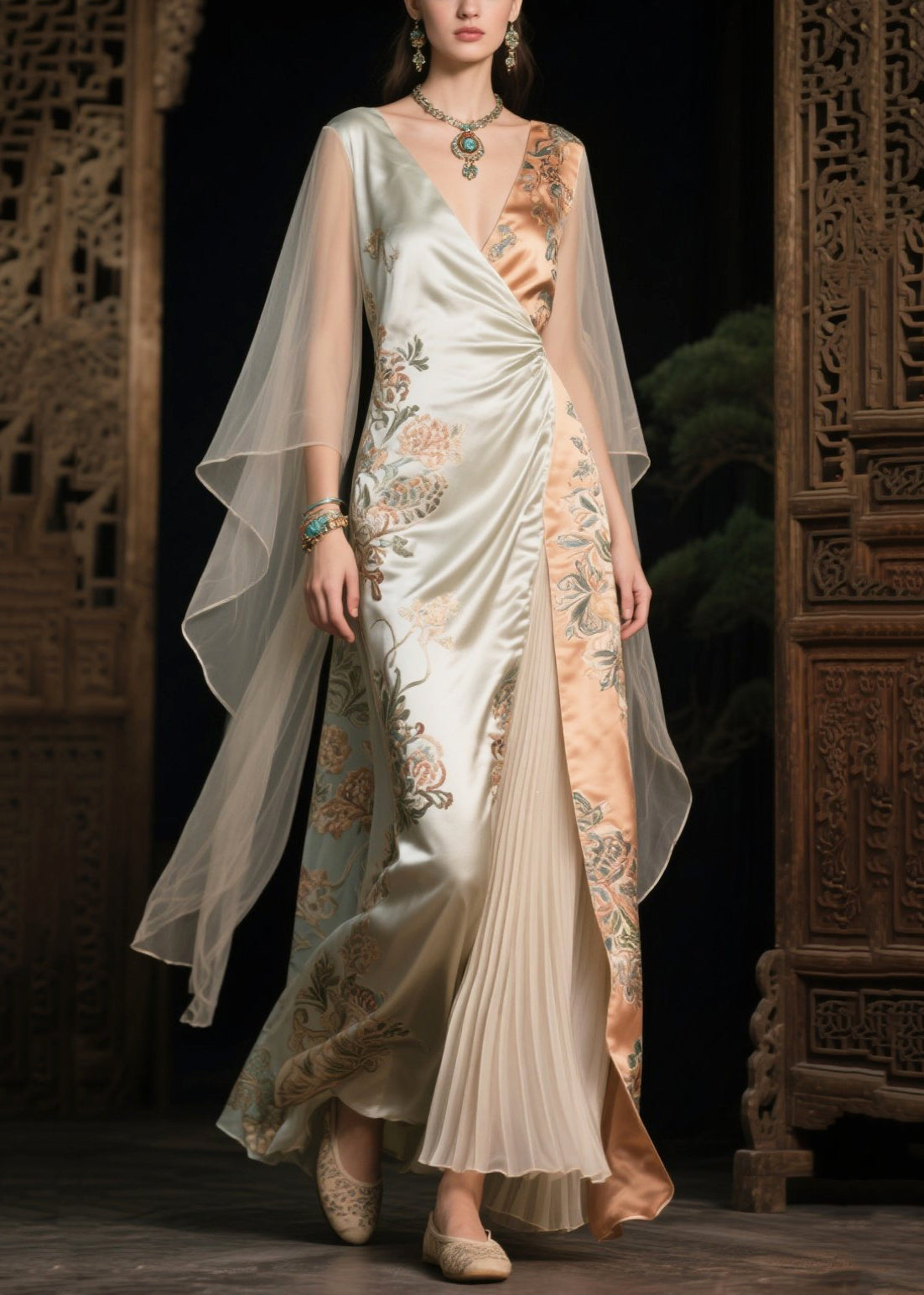 Asymmetrical Patchwork Tulle Evening Dress Cloak Sleeves