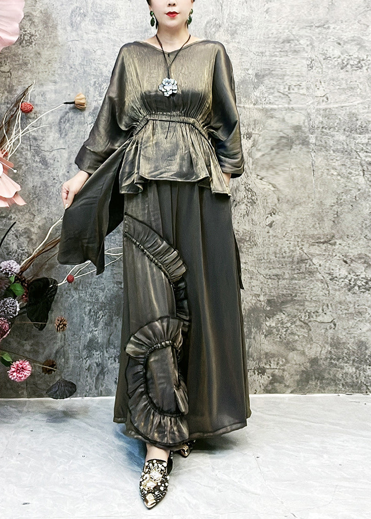 Asymmetrical Tops and Wide Leg Pants Silk Two Piece Suit Set Batwing Sleeve