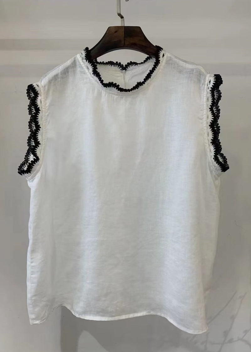 Back Button Down Patchwork Lace Linen Tops Sleeveless