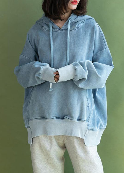 Batwing Sleeve Cotton Hooded Shirts Sewing Light Blue Blouse