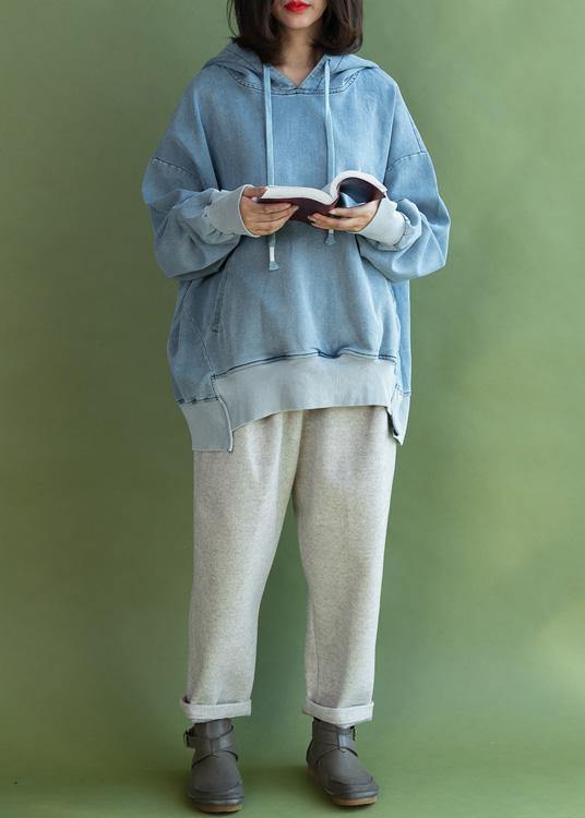 Batwing Sleeve Cotton Hooded Shirts Sewing Light Blue Blouse