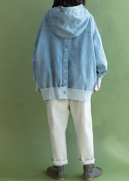 Batwing Sleeve Cotton Hooded Shirts Sewing Light Blue Blouse