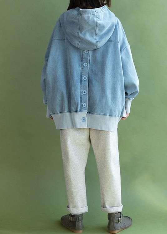 Batwing Sleeve Cotton Hooded Shirts Sewing Light Blue Blouse