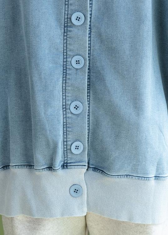 Batwing Sleeve Cotton Hooded Shirts Sewing Light Blue Blouse