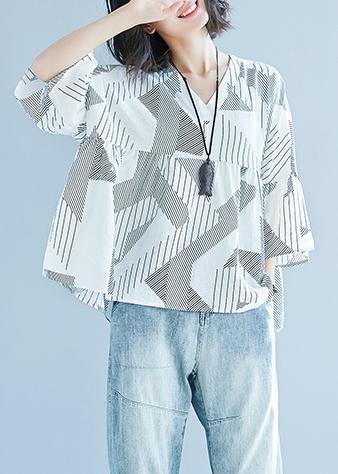 Batwing Sleeve V Neck Cotton Shirts Pakistani Shape White Striped Baggy Shirts Summer