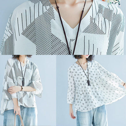 Women Batwing Sleeve v neck cotton Shirts Pakistani Shape white striped baggy shirts Summer