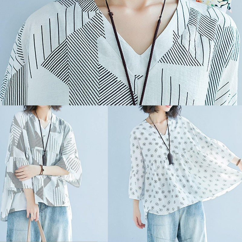Batwing Sleeve V Neck Cotton Shirts Pakistani Shape White Striped Baggy Shirts Summer
