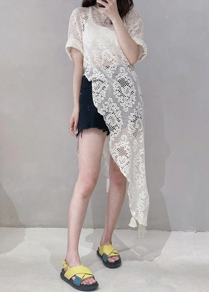Beige Asymmetrical Hollow Out Lace Tops Summer