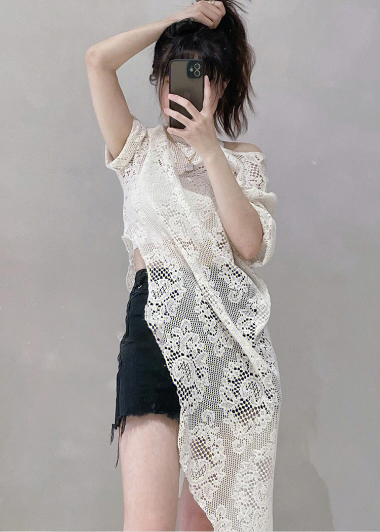Beige Asymmetrical Hollow Out Lace Tops Summer