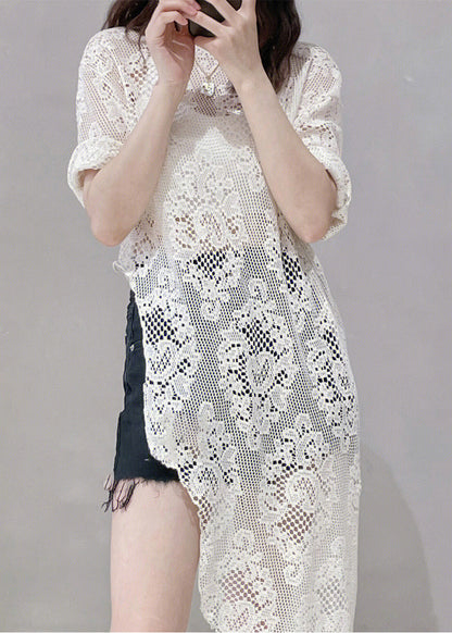 Beige Asymmetrical Hollow Out Lace Tops Summer