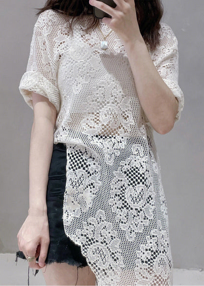 Beige Asymmetrical Hollow Out Lace Tops Summer