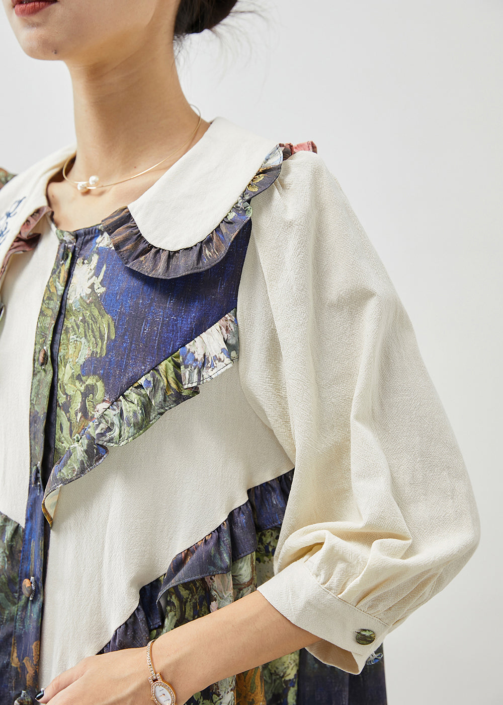 Beige Asymmetrical Patchwork Ruffled Shirt Dresses Fall