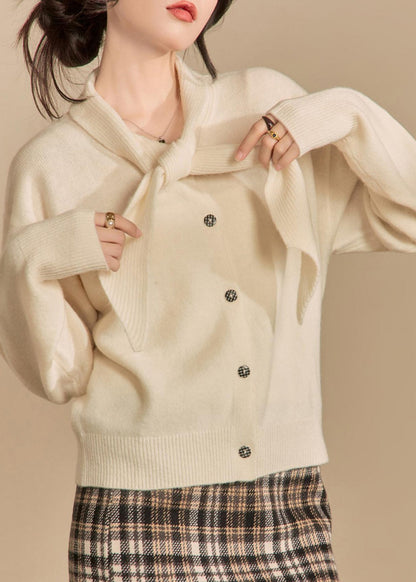 Beige Bow Button Knit Sweaters Winter