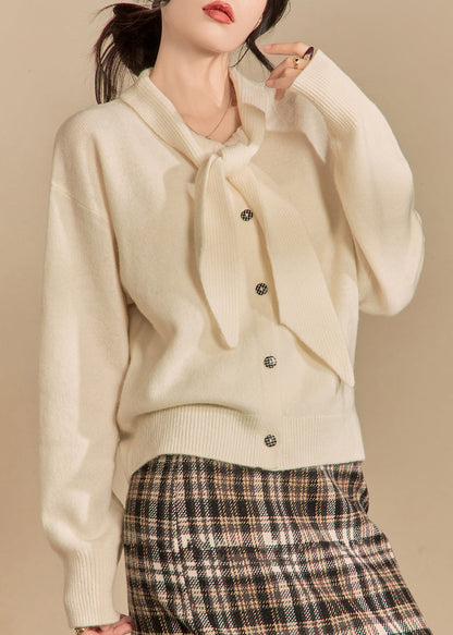 Beige Bow Button Knit Sweaters Winter