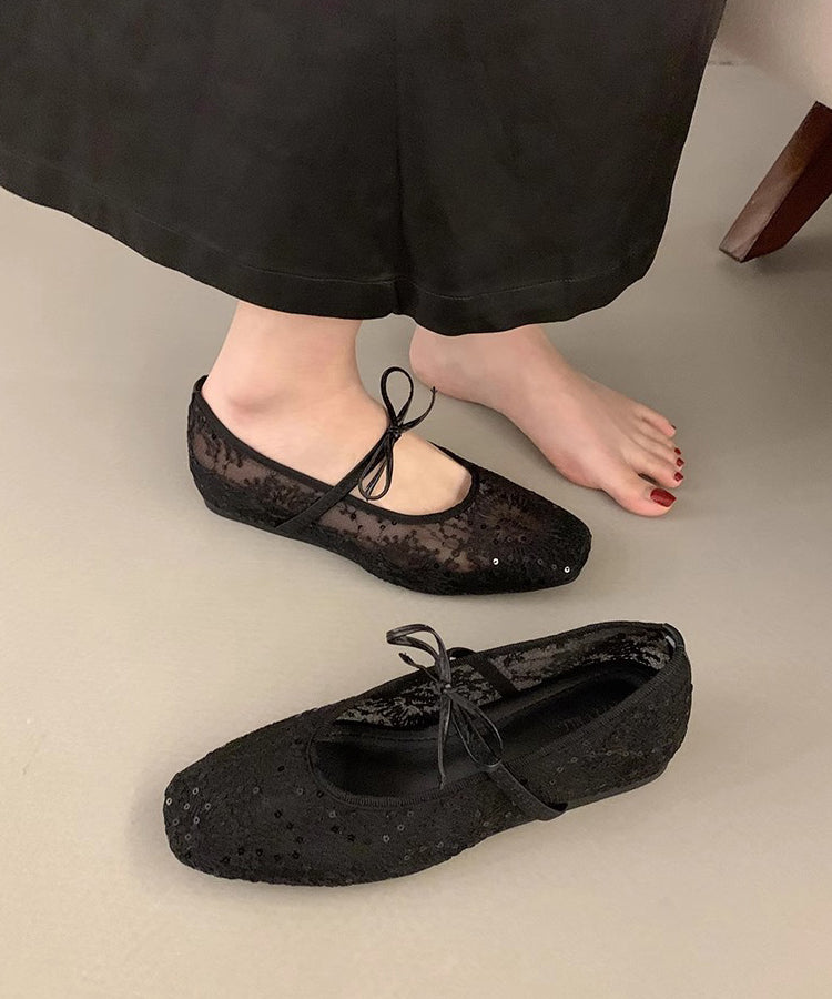 Beige Breathable Mesh Embroidered Flats Splicing Bow