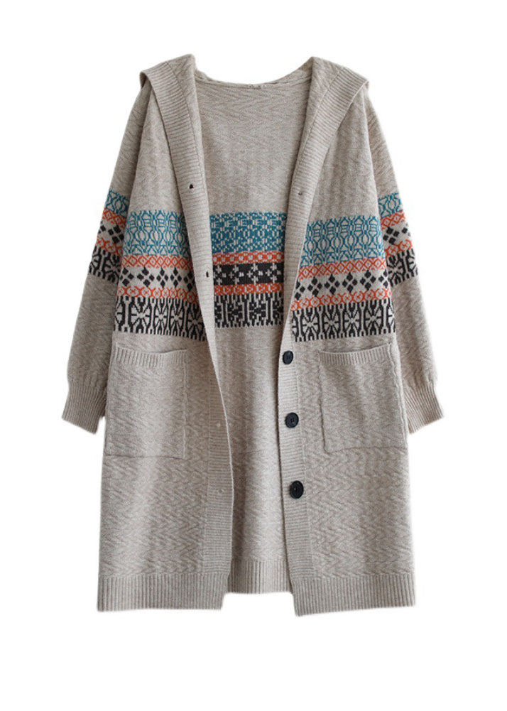 Beige Button Knitted Hooded Coats Cardigans Spring