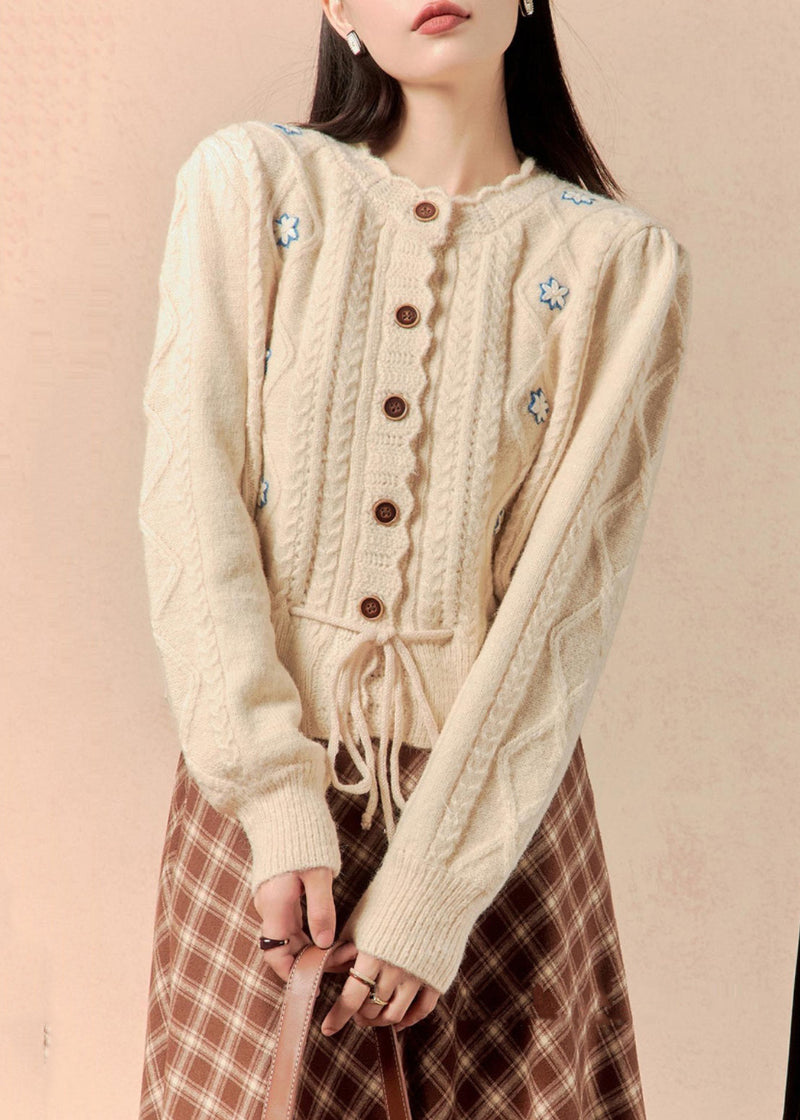 Beige Button Lace Up Knit Sweater Winter