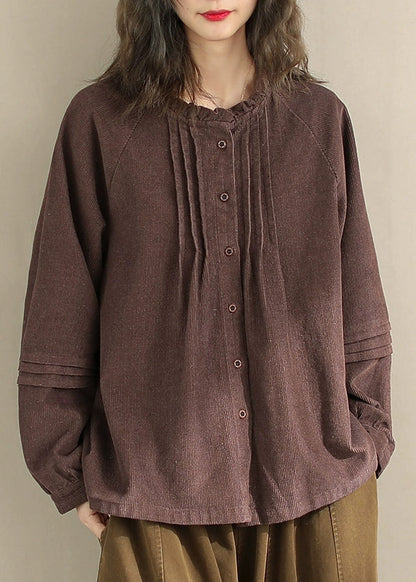Women Beige Button Wrinkled Corduroy Blouses Spring