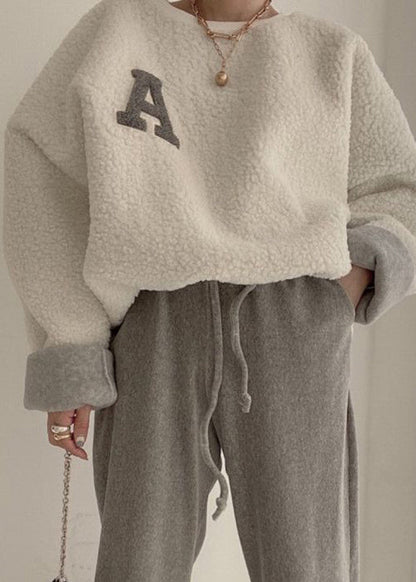 Women Beige Drawstring Cozy Solid Sweatshirt Batwing Sleeve