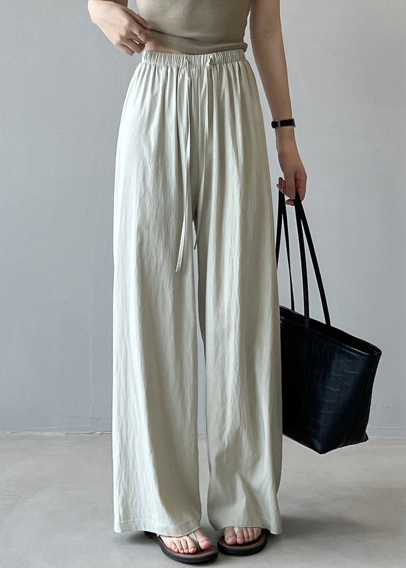 Beige Drawstring Draping Cotton Straight Pants Fall