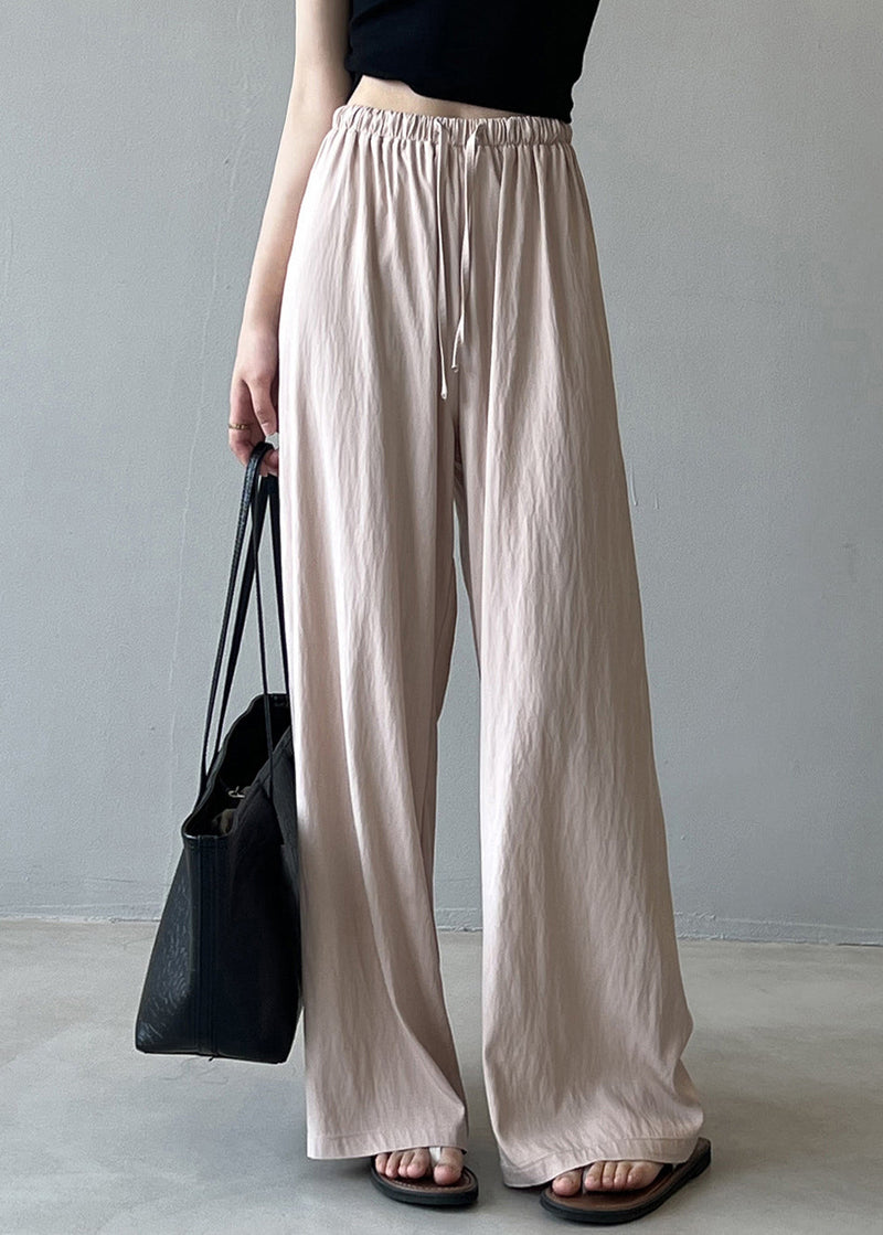 Beige Drawstring Draping Cotton Straight Pants Fall