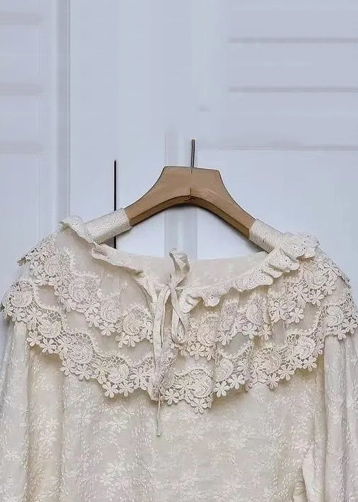 Beige Embroideried Lace Patchwork Cotton Shirt Spring