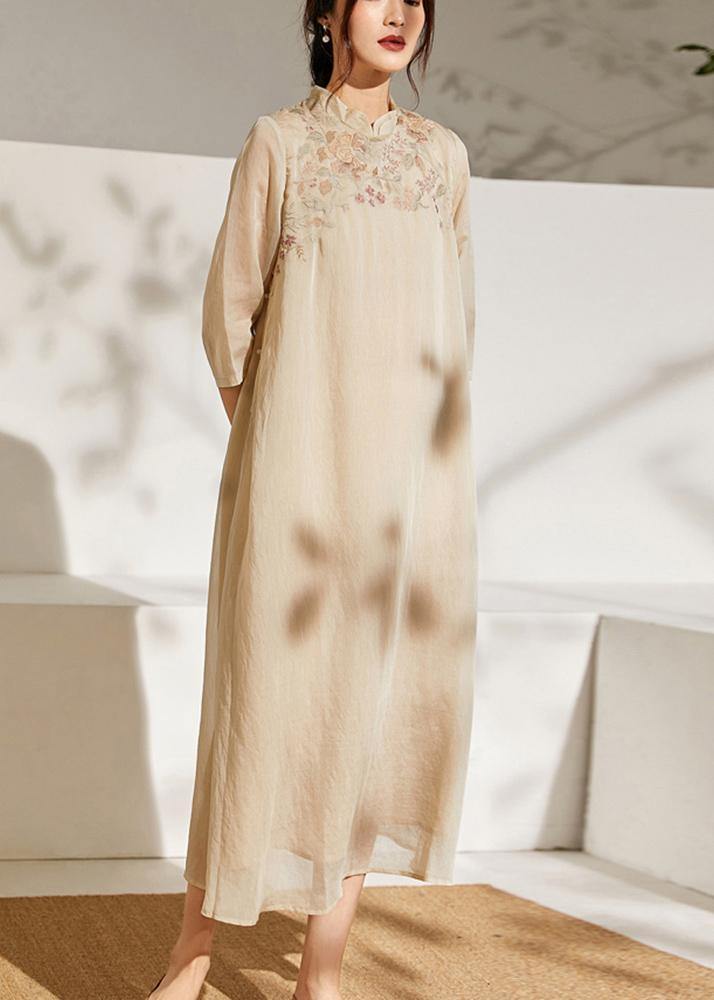 Beige Embroideried Patchwork Button Summer Long Dress