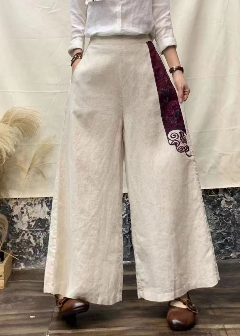 Beige Embroideried Pockets Patchwork Linen Pants Fall