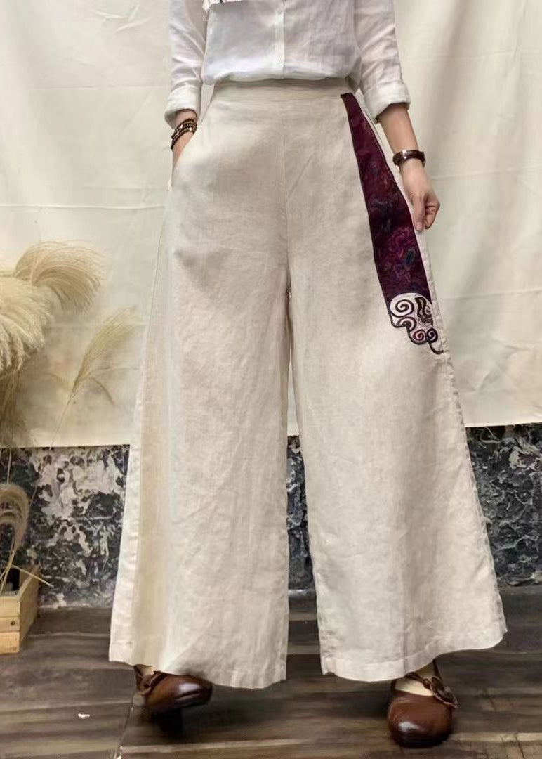 Beige Embroideried Pockets Patchwork Linen Pants Fall