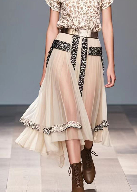Beige Exra Large Hem Patchwork Silk Holiday Skirt Summer