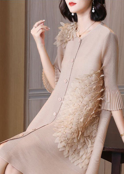 Beige Wrinkled Button a Line Dress Summer
