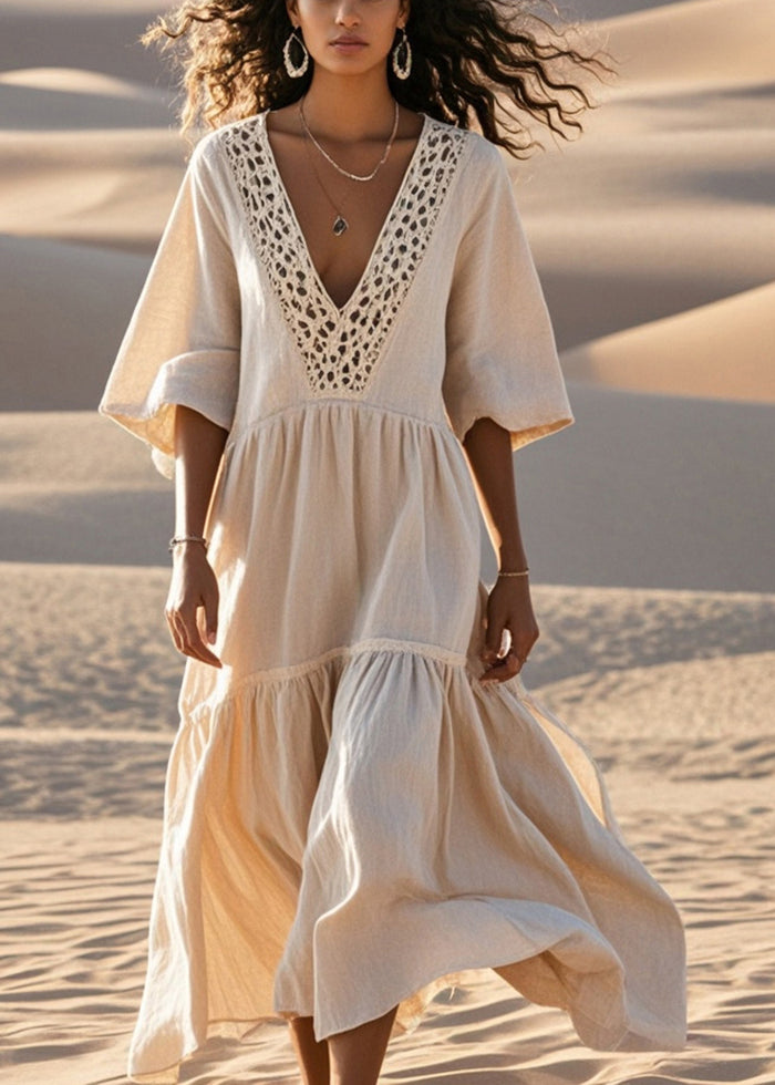Beige Hollow Out Patchwork Cotton Loose Dress Summer