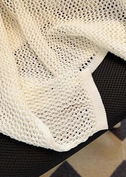 Women Beige Hollow Out Solid Knit Tops Summer