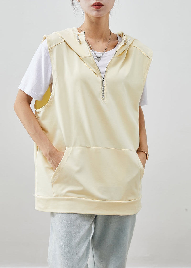 Beige Hooded Pockets Cotton Vest Fall