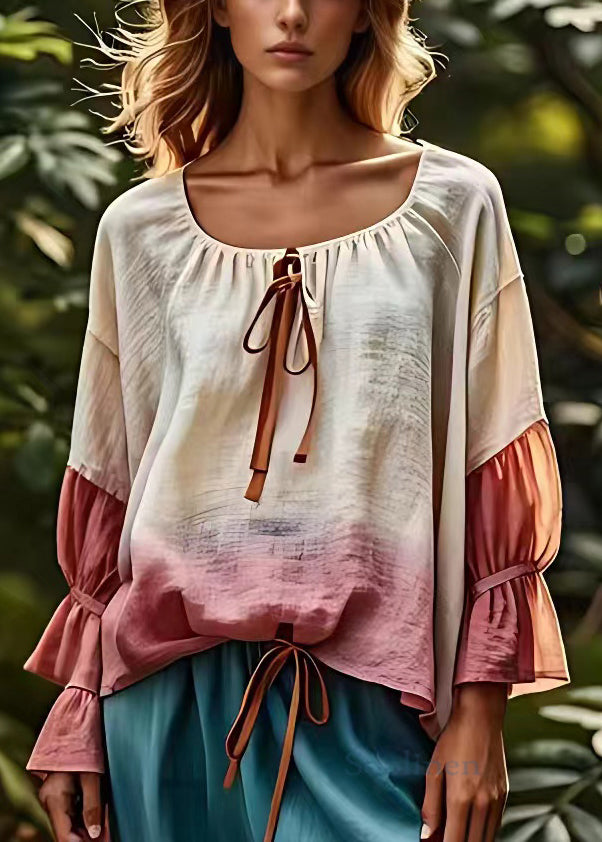 Beige Lace Up Patchwork Cotton Tops Fall