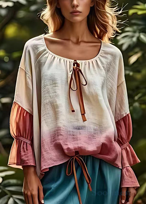 Beige Lace Up Patchwork Cotton Tops Fall