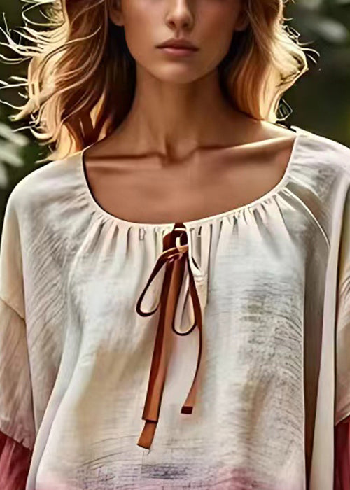 Beige Lace Up Patchwork Cotton Tops Fall