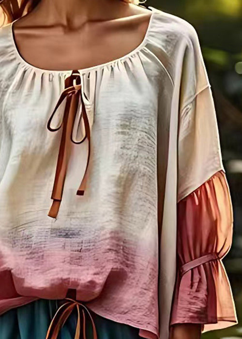 Beige Lace Up Patchwork Cotton Tops Fall