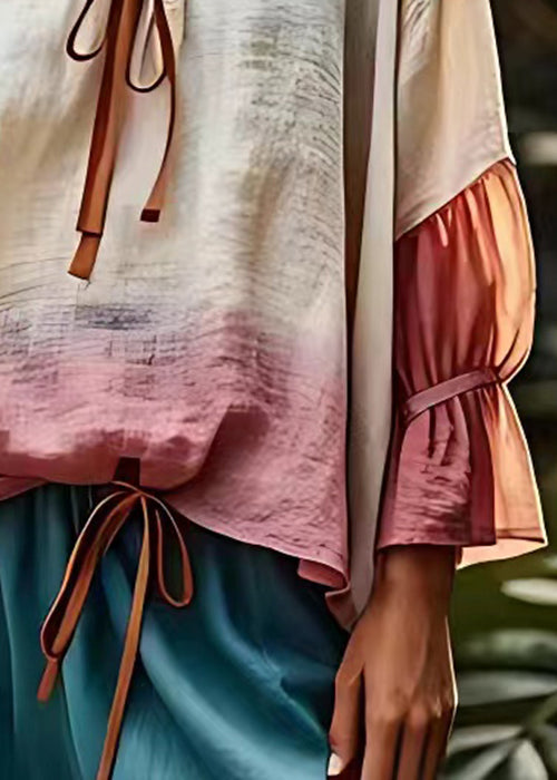Beige Lace Up Patchwork Cotton Tops Fall