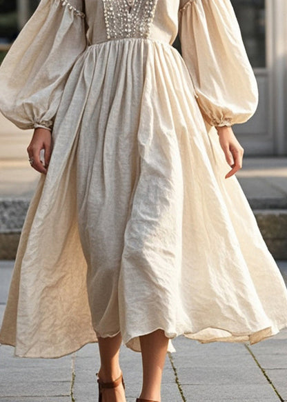 Beige Nail Bead Cotton Maxi Dresses Lantern Sleeve