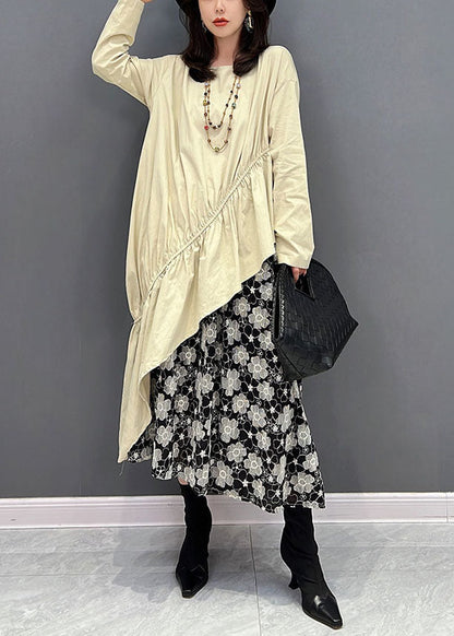 Beige O-neck Asymmetrical Patchwork Ruffles Dresses Fall