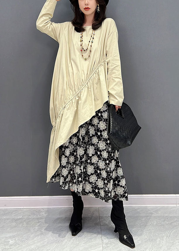 Beige O-neck Asymmetrical Patchwork Ruffles Dresses Fall