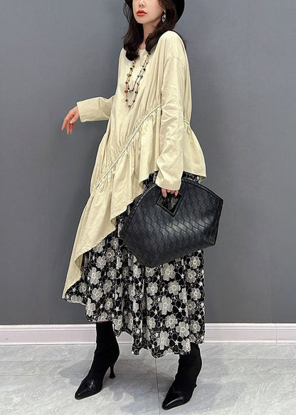 Beige O-neck Asymmetrical Patchwork Ruffles Dresses Fall