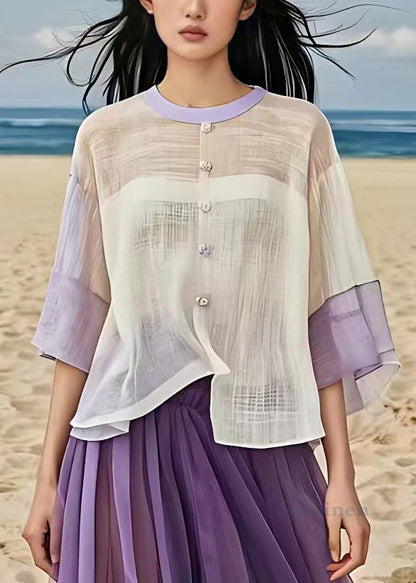 Beige O Neck Button Patchwork Cotton Shirt Half Sleeve