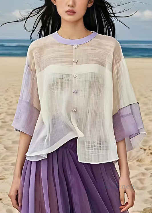 Beige O Neck Button Patchwork Cotton Shirt Half Sleeve