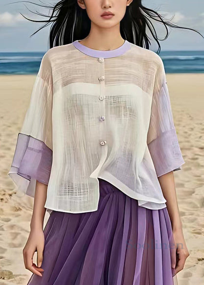 Beige O Neck Button Patchwork Cotton Shirt Half Sleeve
